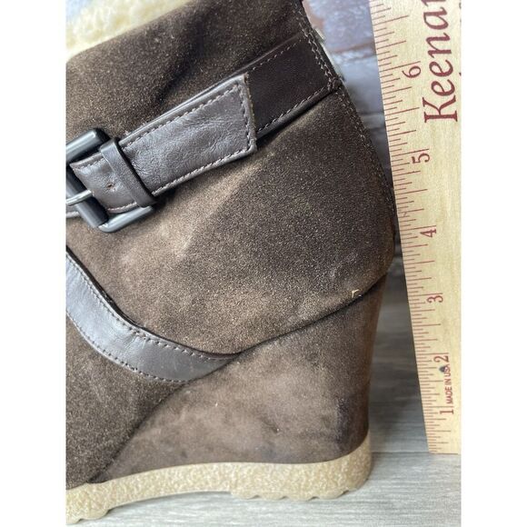 Aquatalia Brown Suede Faux Fur Strap Ankle Wedge Booties Women’s Sz 10M US/41EU - Picture 10 of 16